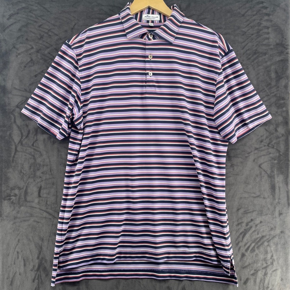 Peter Millar Summer Comfort Mens Medium Striped Polo Shirt Purple Navy Pink M